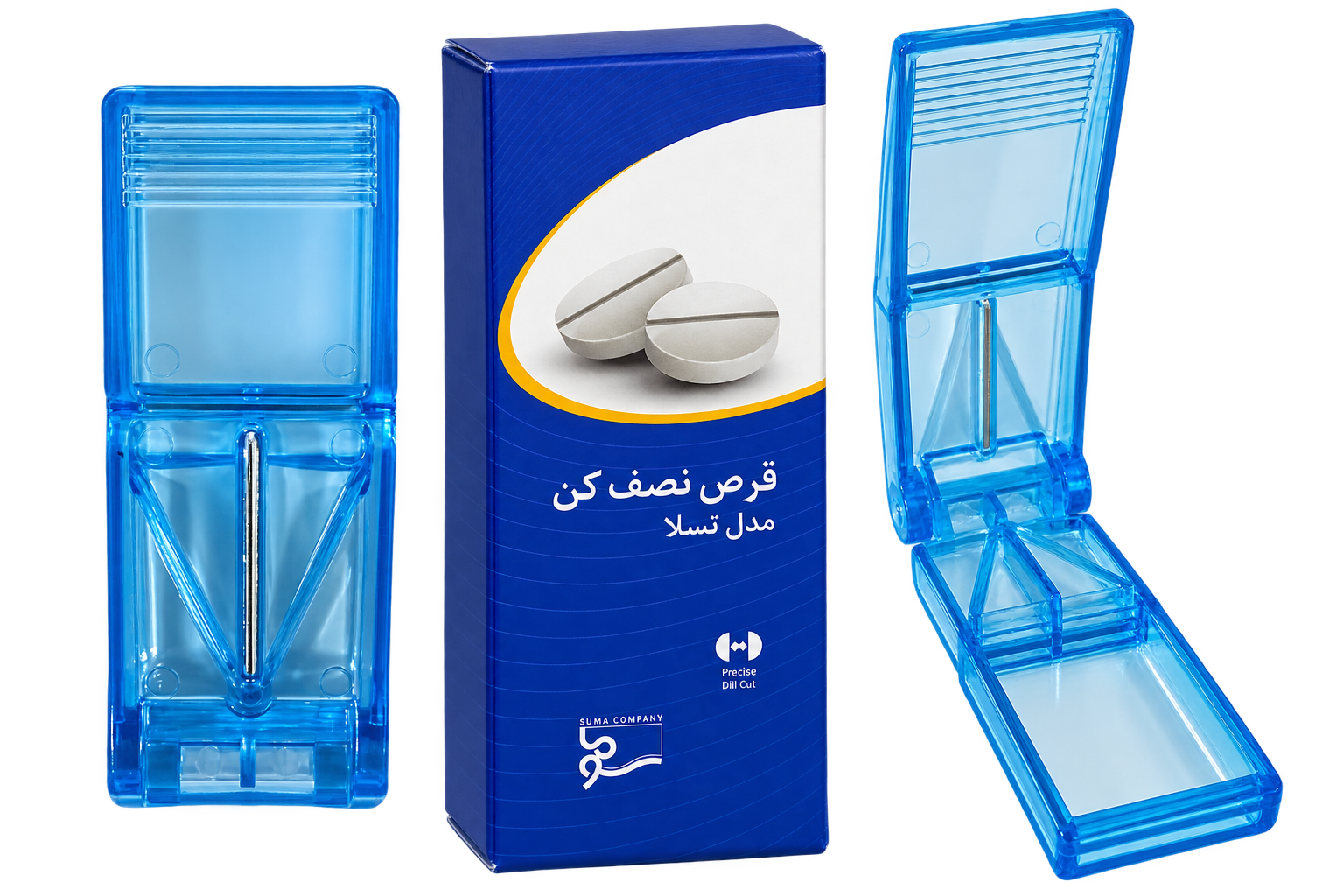 قرص نصف کن مکانیکی مدل تسلا با تیغه استیل ضد زنگ و طراحی شفاف برای راحتی و ایمنی هنگام نصف کردن قرص قرص نصف کن مکانیکی مدل تسلا